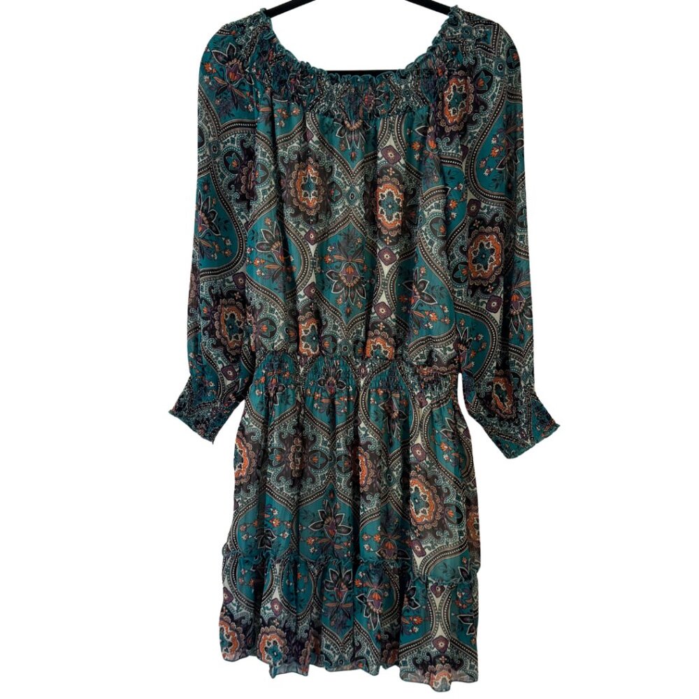 Xhilaration Long Sleeve Paisley Dress Smocked Neckline Ruffled Hem Size XL NEW - Picture 3 of 10